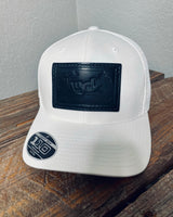 white hyck hat with black leather patch